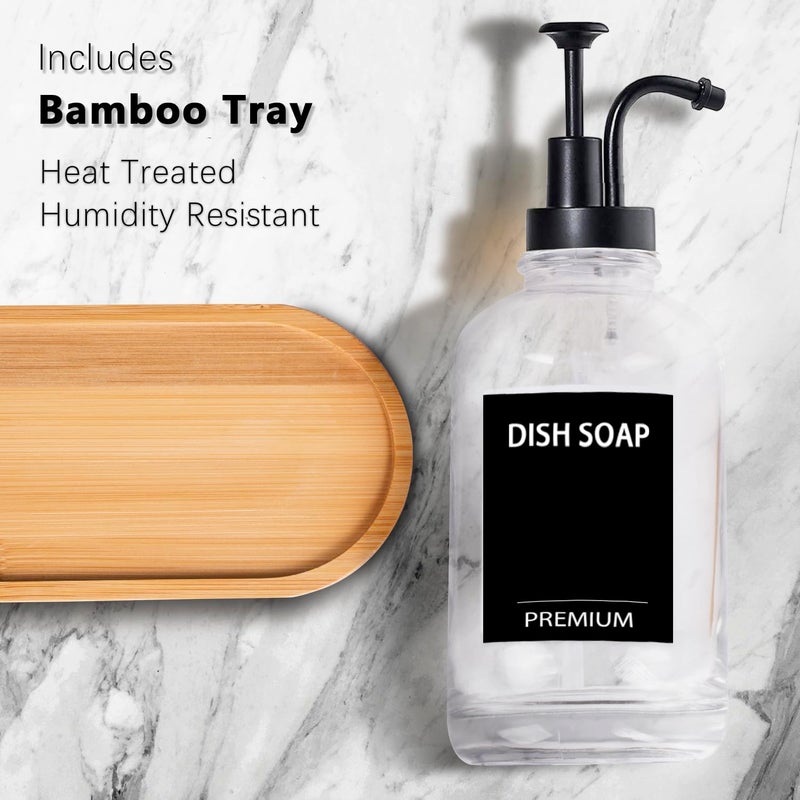 Hoousuper Dish Soap Dispenser for Kitchen, Hand Glass Soap Dispenser Set with Pump, Tray, Funnel for Bathroom, Shower, Laundry, Liquid, Lotion (Black 2 Pack 18 Oz Clear Bottles with 12 Stickers) - Image 2